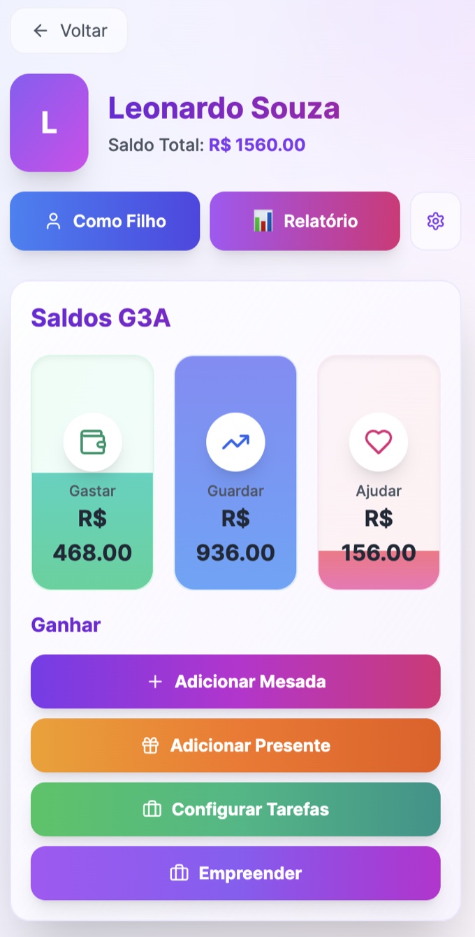 Tela do app Minha Mesada: Saldos G3A com as carteiras Gastar, Guardar e Ajudar